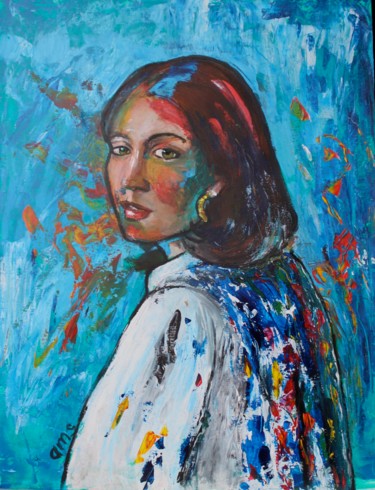 Painting titled "jeune-fille-a-la-cr…" by Anne-Marie Simard-Grasset, Original Artwork, Acrylic