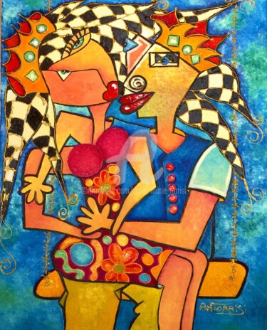 Painting titled "LA BALANÇOIRE" by Anne Marie Torrisi, Original Artwork, Oil Mounted on Wood Stretcher frame