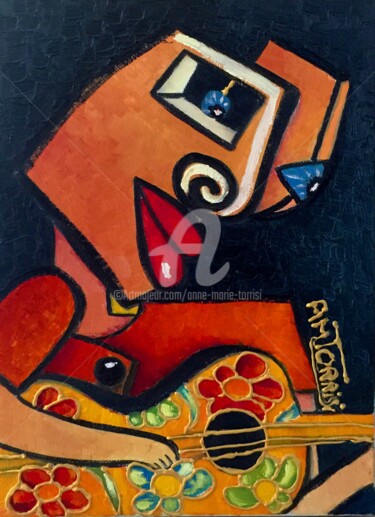 Painting titled "LE GUITARISTE" by Anne Marie Torrisi, Original Artwork, Oil Mounted on Wood Stretcher frame