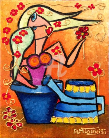 Peinture intitulée "Le femme fleur" par Anne Marie Torrisi, Œuvre d'art originale, Huile