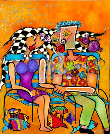 Painting titled "LES CHAISES BLEUES" by Anne Marie Torrisi, Original Artwork, Oil