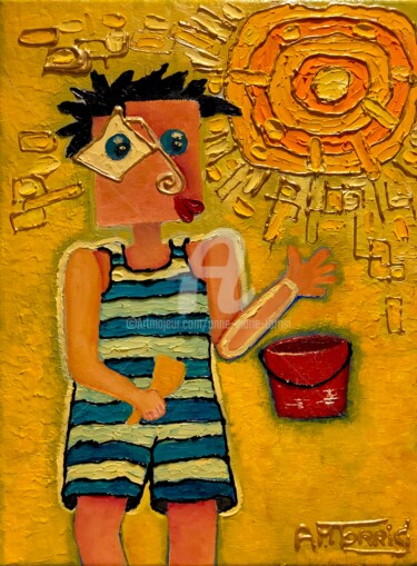 Painting titled "LE PETIT BAIGNEUR" by Anne Marie Torrisi, Original Artwork, Oil Mounted on Wood Stretcher frame