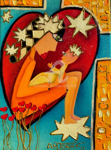 Painting titled "AMOUR INFINI" by Anne Marie Torrisi, Original Artwork, Oil Mounted on Wood Stretcher frame