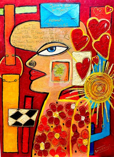 Painting titled "LE MESSAGER." by Anne Marie Torrisi, Original Artwork, Oil Mounted on Wood Stretcher frame