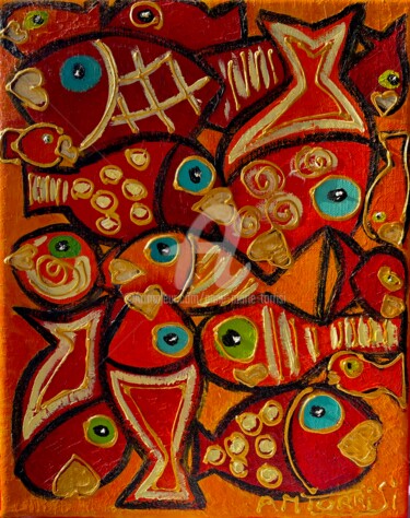 Painting titled "POISSONS ROUGE" by Anne Marie Torrisi, Original Artwork, Oil Mounted on Wood Stretcher frame