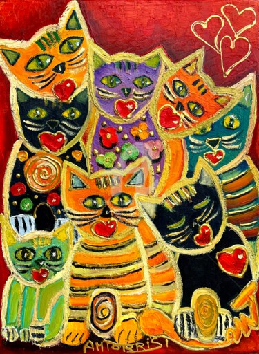 Painting titled "HISTOIRE DE CHATS" by Anne Marie Torrisi, Original Artwork, Oil