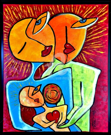 Painting titled "une famille unie" by Anne Marie Torrisi, Original Artwork, Oil Mounted on Wood Stretcher frame