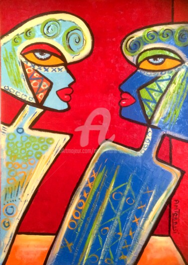 Painting titled "les amoureux*" by Anne Marie Torrisi, Original Artwork, Oil Mounted on Wood Stretcher frame