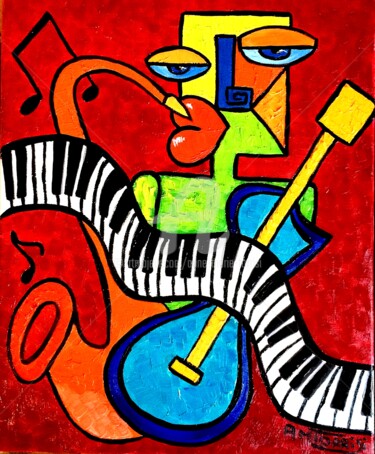 Schilderij getiteld "LE MUSICIEN" door Anne Marie Torrisi, Origineel Kunstwerk, Olie