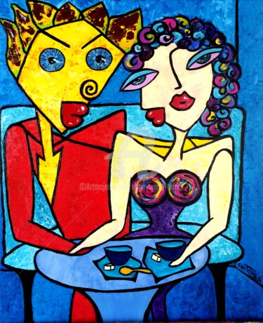 Painting titled "LE COUPLE" by Anne Marie Torrisi, Original Artwork, Oil Mounted on Wood Stretcher frame