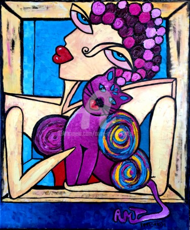 Painting titled "JULIETTE ET ROMEO*" by Anne Marie Torrisi, Original Artwork, Oil Mounted on Wood Stretcher frame