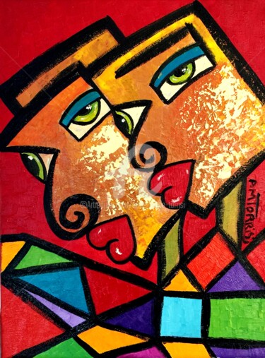 Painting titled "BINÔME*" by Anne Marie Torrisi, Original Artwork, Oil Mounted on Wood Stretcher frame