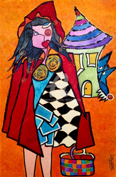 Painting titled "CHAPERON ROUGE" by Anne Marie Torrisi, Original Artwork, Oil Mounted on Wood Stretcher frame
