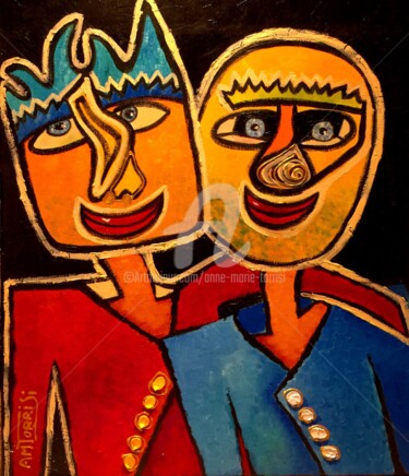 Painting titled "LES COMPERES*" by Anne Marie Torrisi, Original Artwork, Oil Mounted on Wood Stretcher frame