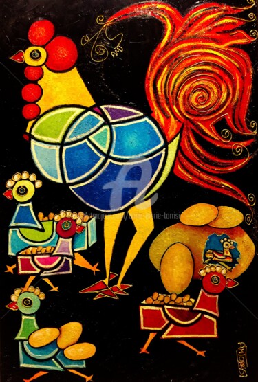 Картина под названием "LE COQ" - Anne Marie Torrisi, Подлинное произведение искусства, Масло Установлен на Деревянная рама д…