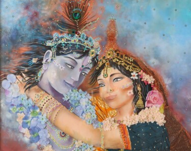 Картина под названием "Radha et Krishna" - Anne Molines, Подлинное произведение искусства, Пастель Установлен на картон