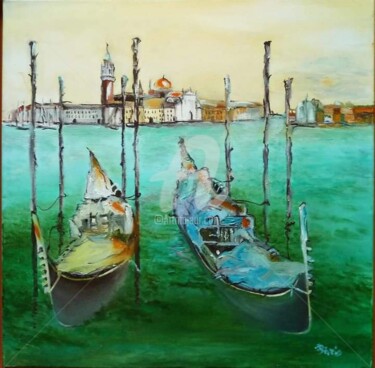 Schilderij getiteld "Venise s'engloutit" door Anne Paris, Origineel Kunstwerk, Olie Gemonteerd op Frame voor houten brancard