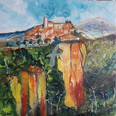 Painting titled "Village de Roussill…" by Anne Paris, Original Artwork, Oil Mounted on Wood Stretcher frame