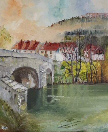 Painting titled "Le Pont de Nahin-Or…" by Anne Paris, Original Artwork, Oil Mounted on Wood Stretcher frame