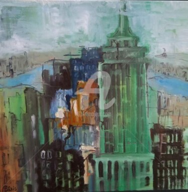 Painting titled "Manhattan" by Anne Paris, Original Artwork, Oil Mounted on Wood Stretcher frame