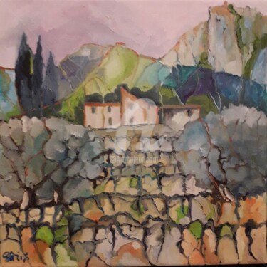 Painting titled "Vignes et oliviers" by Anne Paris, Original Artwork, Oil Mounted on Wood Stretcher frame