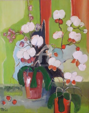 Painting titled "Orchids 2" by Anne Paris, Original Artwork, Oil Mounted on Wood Stretcher frame