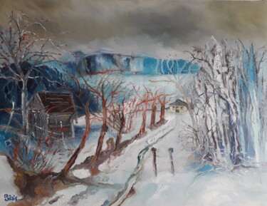 Painting titled "Neige dans le Jura" by Anne Paris, Original Artwork, Oil Mounted on Wood Stretcher frame