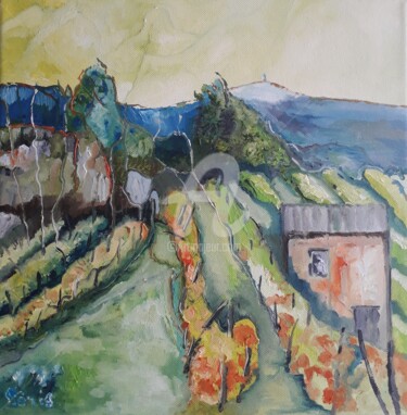 Картина под названием "Vignes et Mont Vent…" - Anne Paris, Подлинное произведение искусства, Масло Установлен на Деревянная…