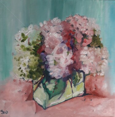 Painting titled "Mes hortensias" by Anne Paris, Original Artwork, Oil Mounted on Wood Stretcher frame