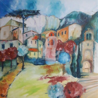 Peinture intitulée "La place du village" par Anne Paris, Œuvre d'art originale, Huile Monté sur Châssis en bois