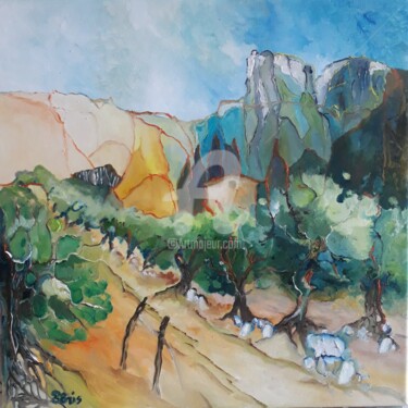 Painting titled "Les Alpilles III" by Anne Paris, Original Artwork, Oil Mounted on Wood Stretcher frame