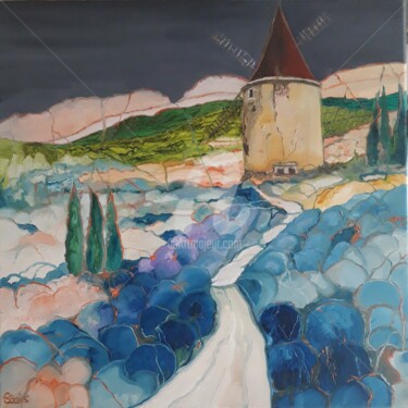 Painting titled "Heure bleue en Lubé…" by Anne Paris, Original Artwork, Oil Mounted on Wood Stretcher frame