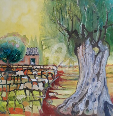 Malerei mit dem Titel "Vignes et oliviers.…" von Anne Paris, Original-Kunstwerk, Öl Auf Keilrahmen aus Holz montiert