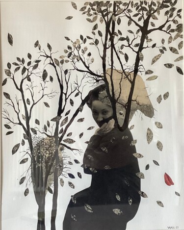 Drawing titled "Femme au jardin" by Anne Vaast, Original Artwork, Ink Mounted on Cardboard