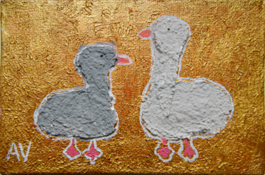 Painting titled "Two geese" by Anne Zaremba, Original Artwork, Acrylic Mounted on Wood Stretcher frame
