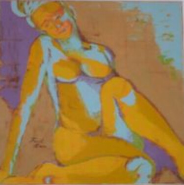 Painting titled "Nu jaune et bleu" by Anne Fersit, Original Artwork, Oil Mounted on Wood Stretcher frame