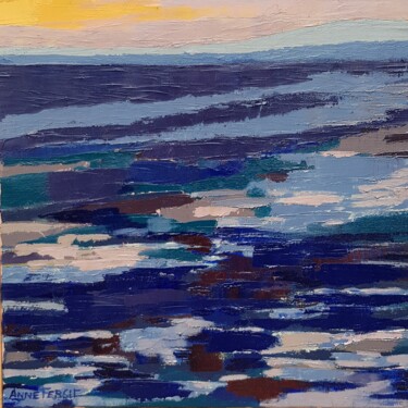 Painting titled "Nuit en mer" by Anne Fersit, Original Artwork, Oil Mounted on Wood Stretcher frame