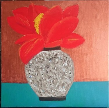 Painting titled "Magnolia rouge et v…" by Anne Landelle, Original Artwork, Acrylic Mounted on Wood Stretcher frame