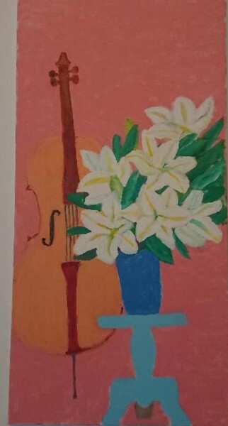 Painting titled "Lys et violoncelle" by Anne Landelle, Original Artwork, Acrylic