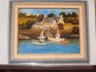 Peinture intitulée "village de pecheurs" par Merrien, Œuvre d'art originale