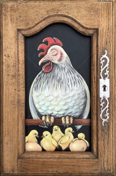 Painting titled "Poule qui dort 1" by Annemarie Laffont, Original Artwork, Acrylic