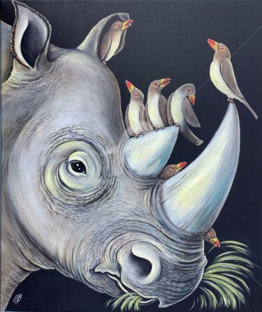 Painting titled "Le rhinocéros et se…" by Annemarie Laffont, Original Artwork, Acrylic Mounted on Wood Stretcher frame