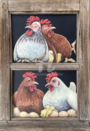 Peinture intitulée "Les poules et pouss…" par Annemarie Laffont, Œuvre d'art originale, Acrylique