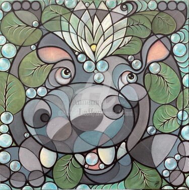 Painting titled "Hippo" by Annemarie Laffont, Original Artwork, Acrylic Mounted on Wood Stretcher frame
