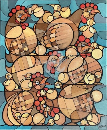 绘画 标题为“Crazychickenmix” 由Annemarie Laffont, 原创艺术品, 丙烯 安装在木质担架架上