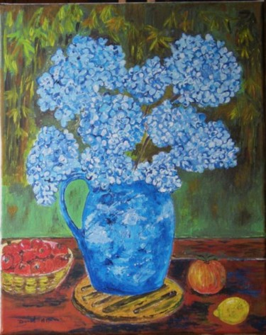 Painting titled "Hortensias à la fen…" by Anne-Marie Duval, Original Artwork, Oil