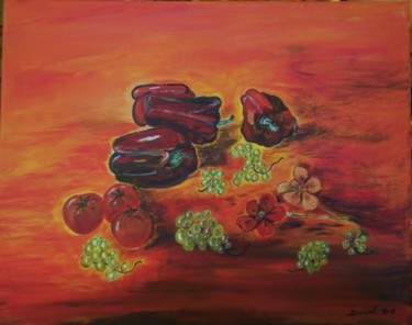 Peinture intitulée "Poivrons, fleurs et…" par Anne-Marie Duval, Œuvre d'art originale, Huile