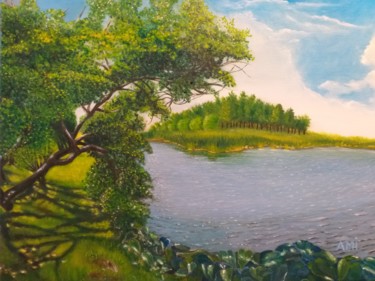 Painting titled "Petit Etang du Colo…" by Ami, Original Artwork, Oil Mounted on Wood Stretcher frame