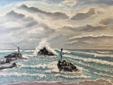 Painting titled "Les Pêcheurs" by Ami, Original Artwork, Oil Mounted on Wood Stretcher frame