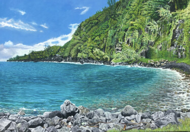 Painting titled "Anse des Cascades" by Ami, Original Artwork, Oil Mounted on Wood Stretcher frame